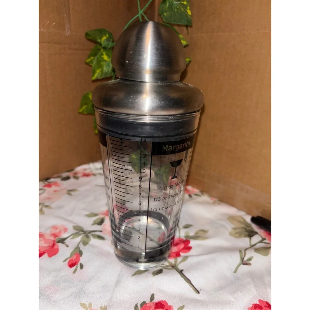 Glass Cocktail Shaker with Stainless Steel Lid and Printed Drink Recipes 14oz
